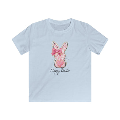 Easter Bunny Kids Tee — Pink Glitter Bunny with Bow, "Happy Easter" Kids T-Shirt