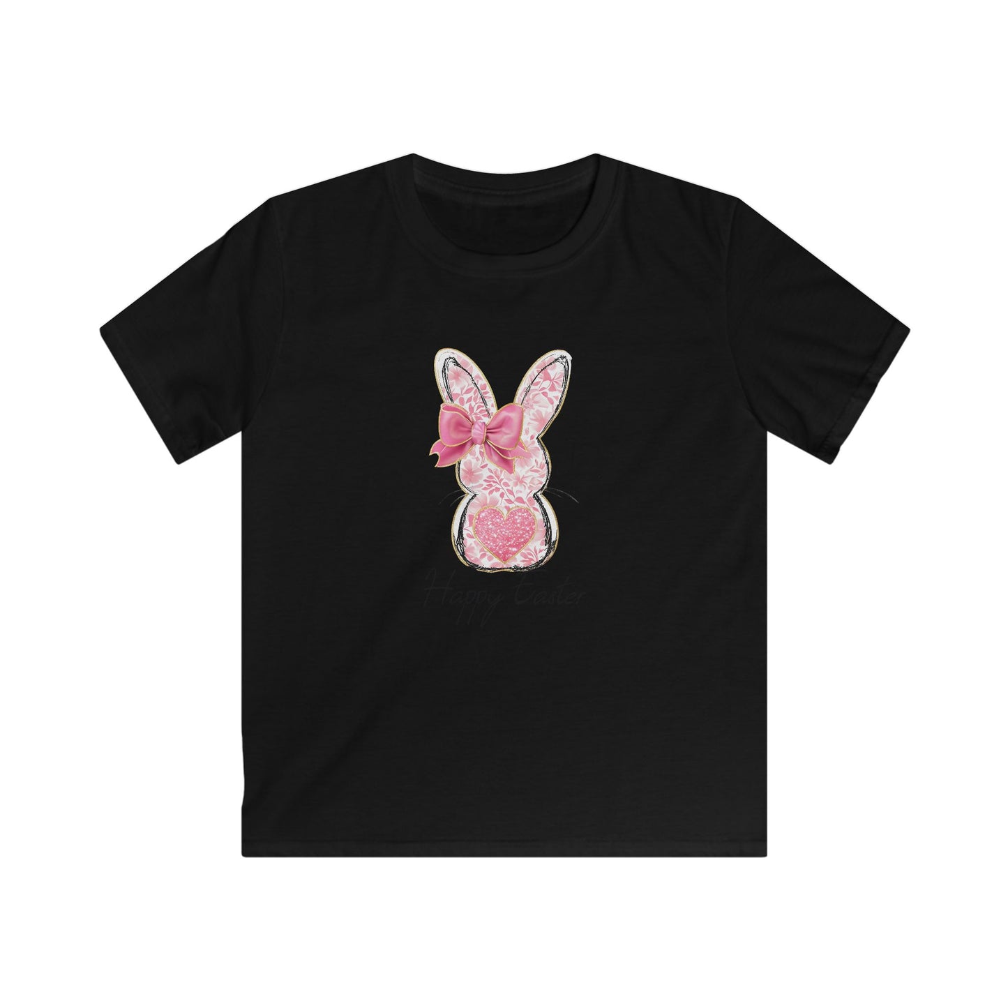 Easter Bunny Kids Tee — Pink Glitter Bunny with Bow, "Happy Easter" Kids T-Shirt