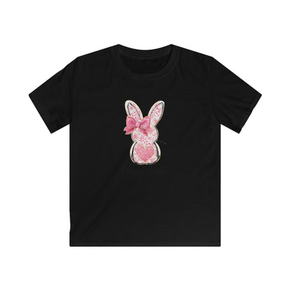 Easter Bunny Kids Tee — Pink Glitter Bunny with Bow, "Happy Easter" Kids T-Shirt