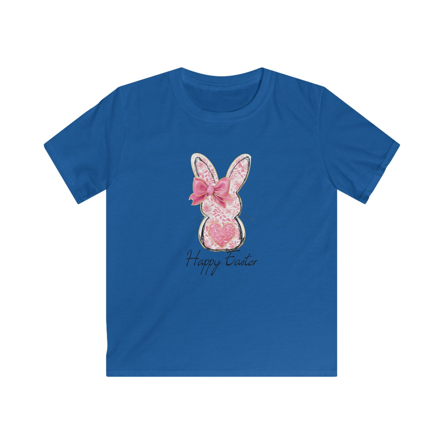 Easter Bunny Kids Tee — Pink Glitter Bunny with Bow, "Happy Easter" Kids T-Shirt