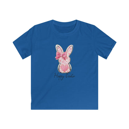 Easter Bunny Kids Tee — Pink Glitter Bunny with Bow, "Happy Easter" Kids T-Shirt