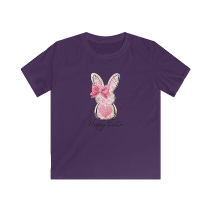 Easter Bunny Kids Tee — Pink Glitter Bunny with Bow, "Happy Easter" Kids T-Shirt