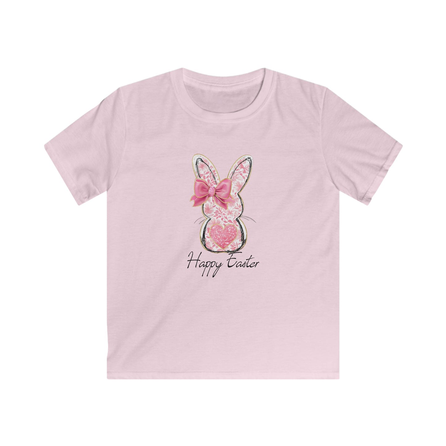 Easter Bunny Kids Tee — Pink Glitter Bunny with Bow, "Happy Easter" Kids T-Shirt