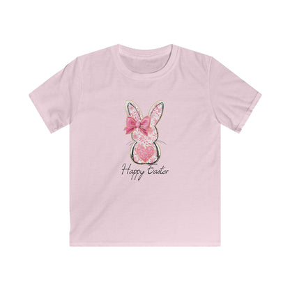 Easter Bunny Kids Tee — Pink Glitter Bunny with Bow, "Happy Easter" Kids T-Shirt