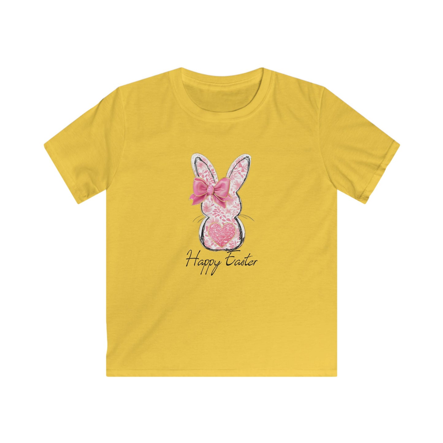 Easter Bunny Kids Tee — Pink Glitter Bunny with Bow, "Happy Easter" Kids T-Shirt