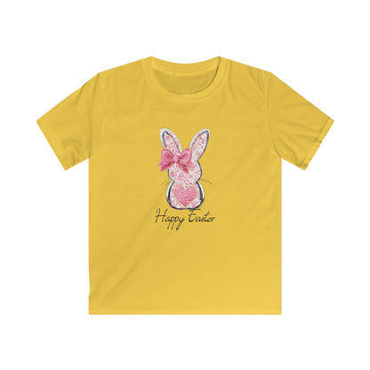 Easter Bunny Kids Tee — Pink Glitter Bunny with Bow, "Happy Easter" Kids T-Shirt