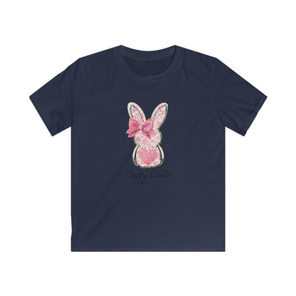 Easter Bunny Kids Tee — Pink Glitter Bunny with Bow, "Happy Easter" Kids T-Shirt