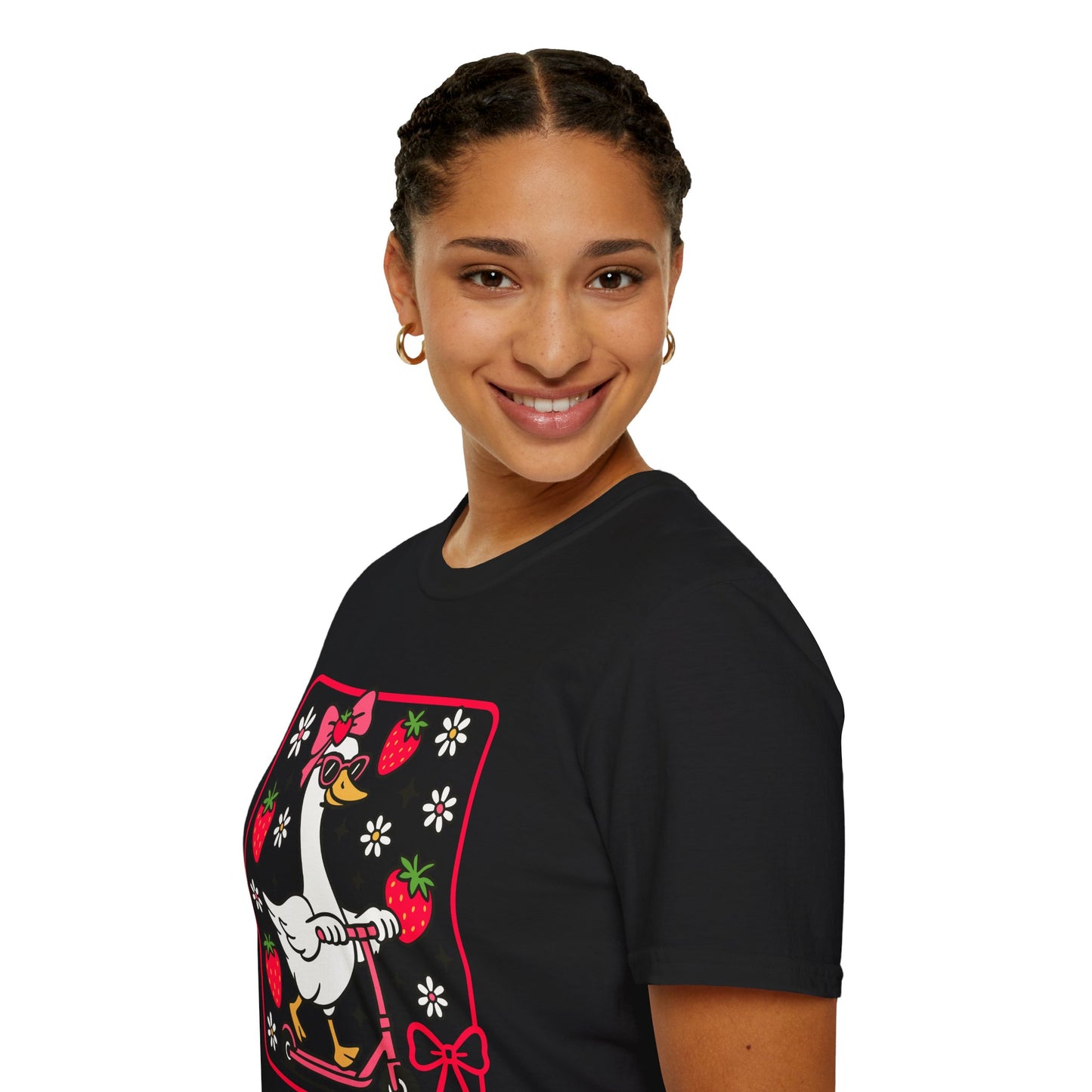 Cute Goose on Scooter T‑Shirt — Strawberry & Bow Graphic Tee
