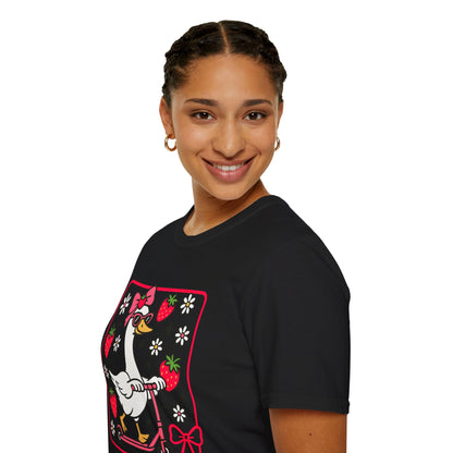 Cute Goose on Scooter T‑Shirt — Strawberry & Bow Graphic Tee