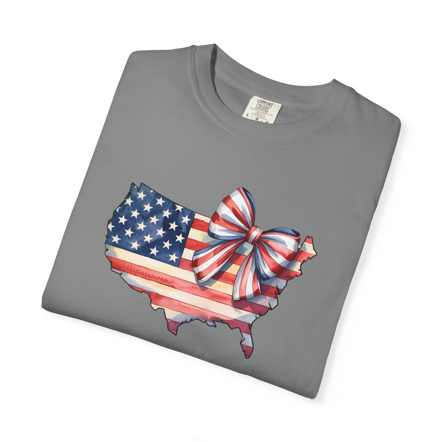 USA Flag Map T‑Shirt with Patriotic Bow — Fourth of July American Pride Tee