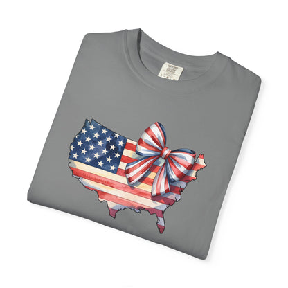 USA Flag Map T‑Shirt with Patriotic Bow — Fourth of July American Pride Tee
