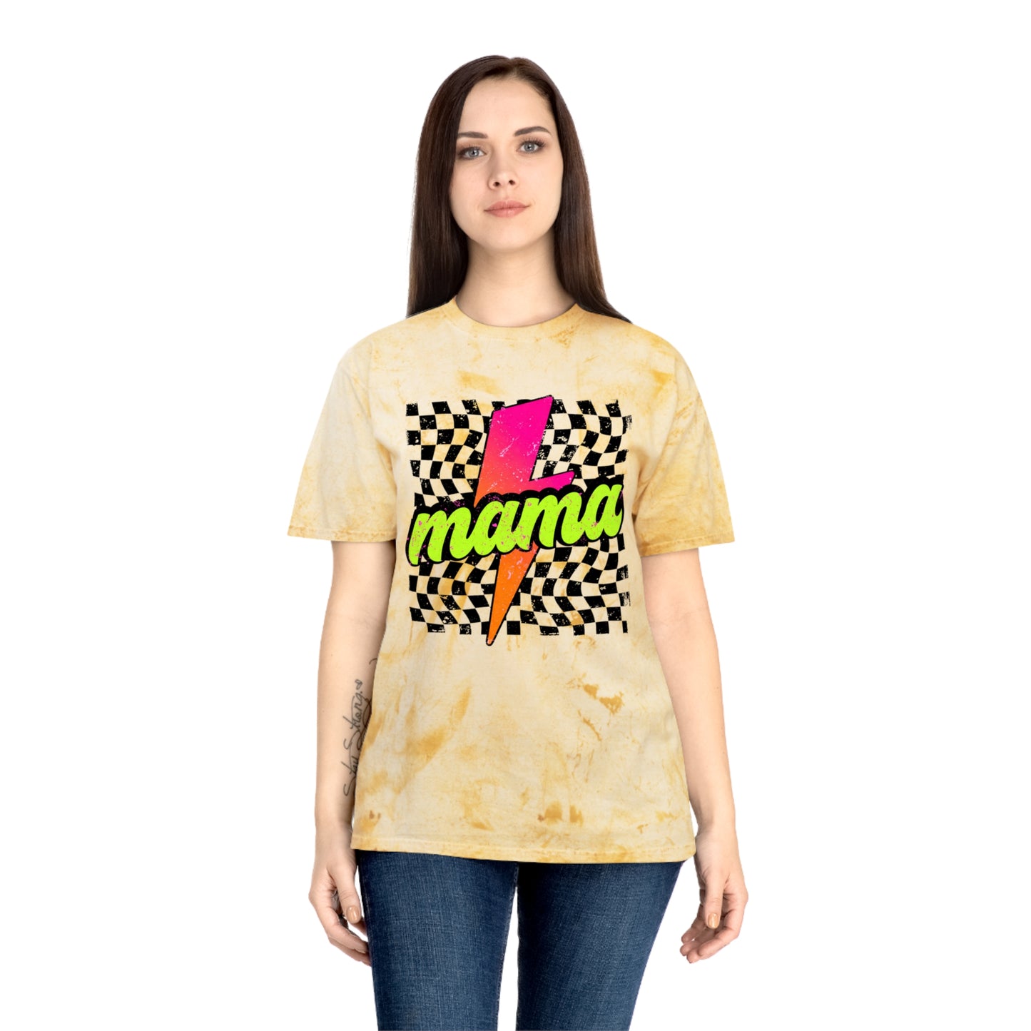Mama Lightning Bolt T-Shirt — Retro Neon Checkered Graphic Tee