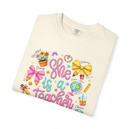 Teacher T-Shirt — "She is a Teacher" Cute School Supplies Design