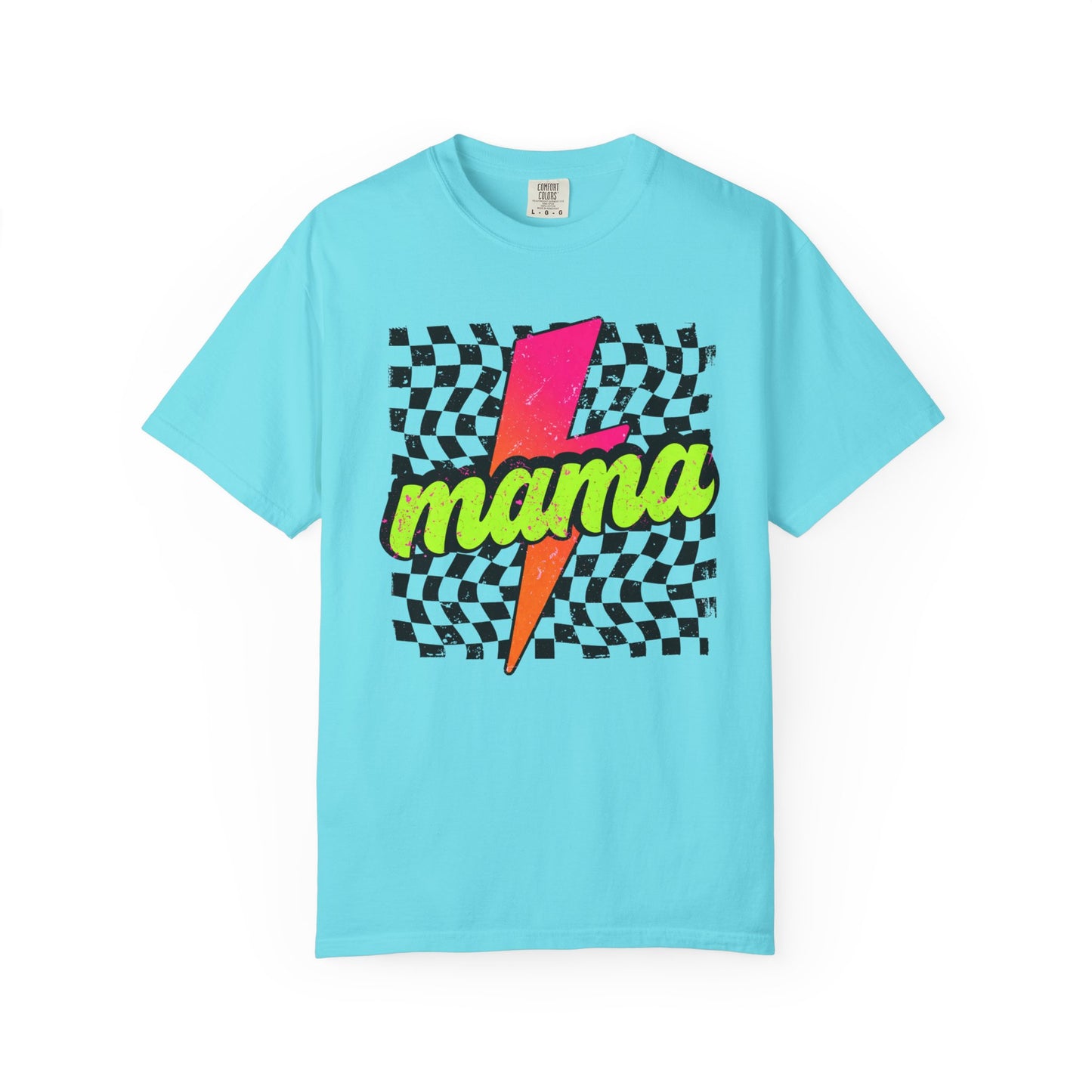 Mama Lightning Bolt T-Shirt — Retro Neon Checkered Graphic Tee for Moms