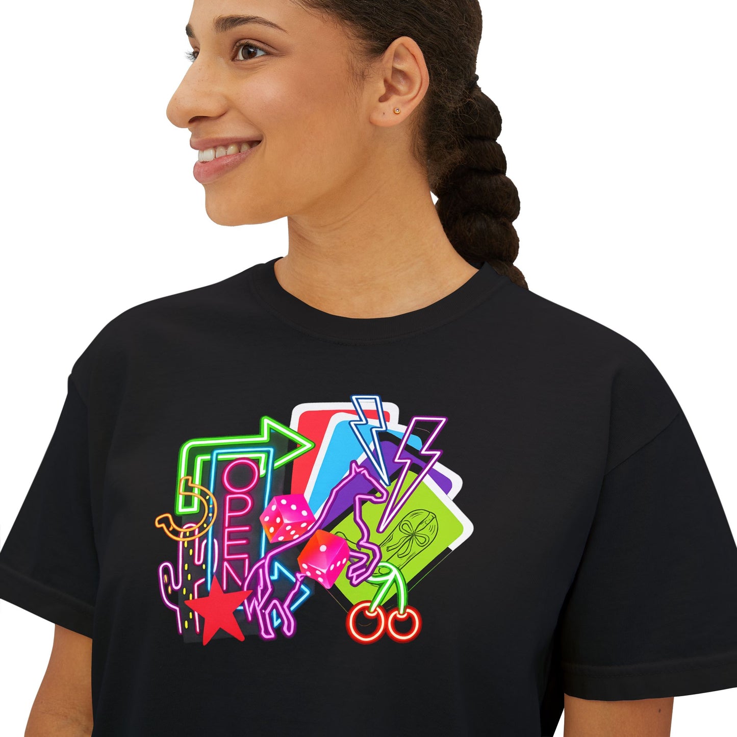 Retro Neon Makeup Graphic Tee — Women's Boxy Tee