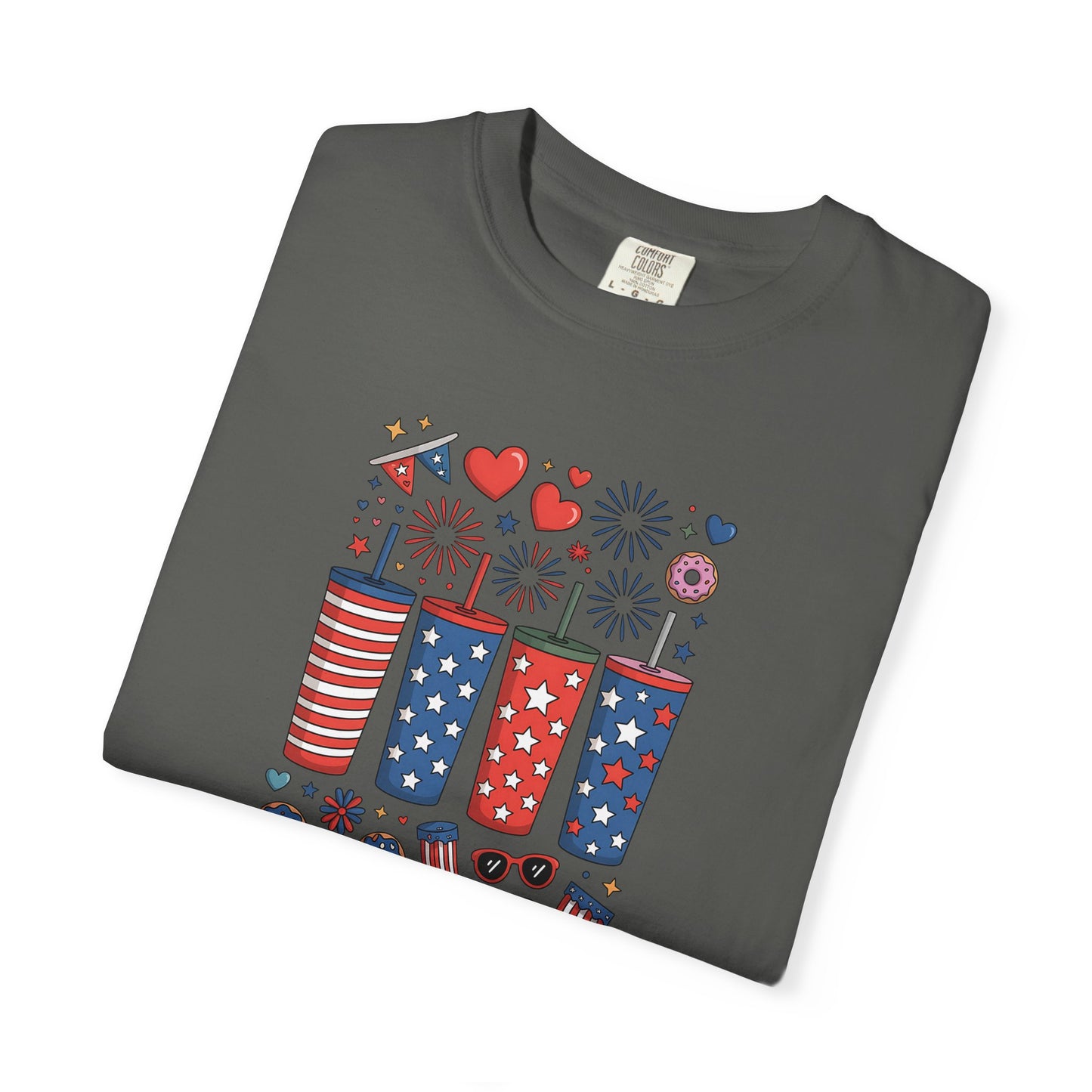 Patriotic Fireworks Cups T-Shirt — USA 4th of July Graphic Tee