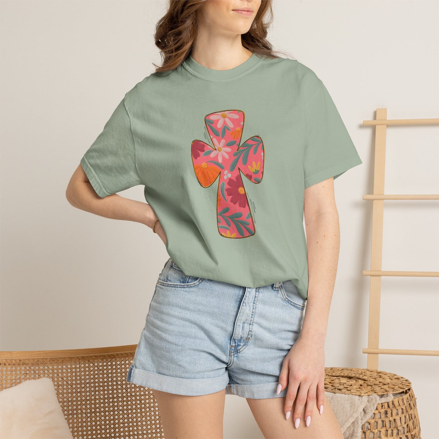 Floral Cross T-Shirt — Tropical Flower Graphic Tee