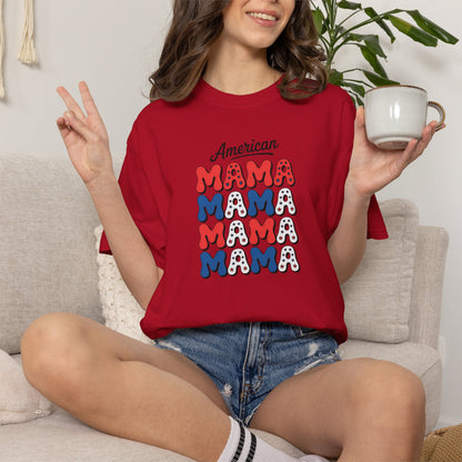 American Mama Graphic T-Shirt – Patriotic Red White Blue Mom Tee