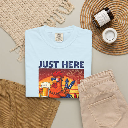 T-Shirt — "Just Here to Bang" Rooster Liberty BBQ Graphic Tee