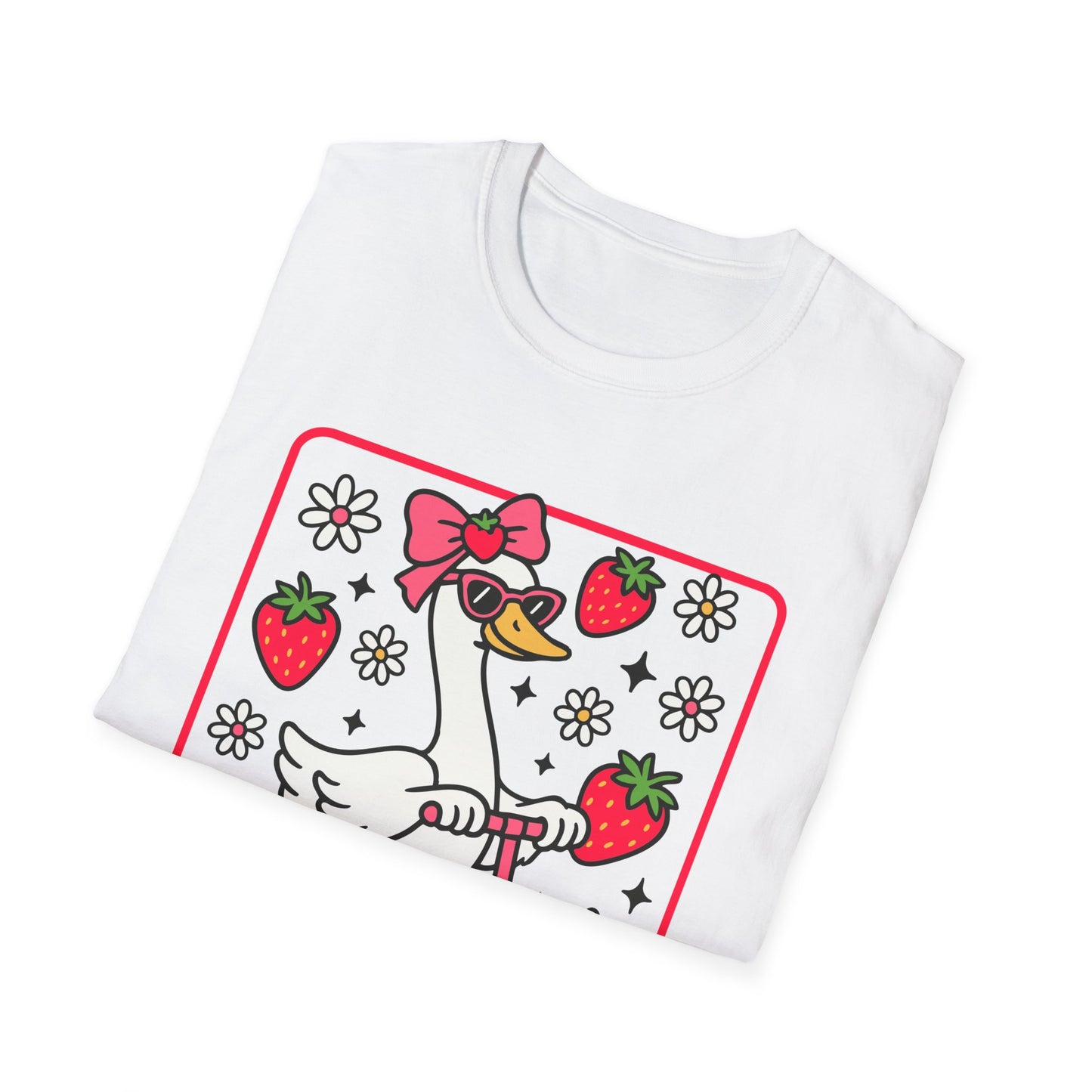 Cute Goose on Scooter T‑Shirt — Strawberry & Bow Graphic Tee