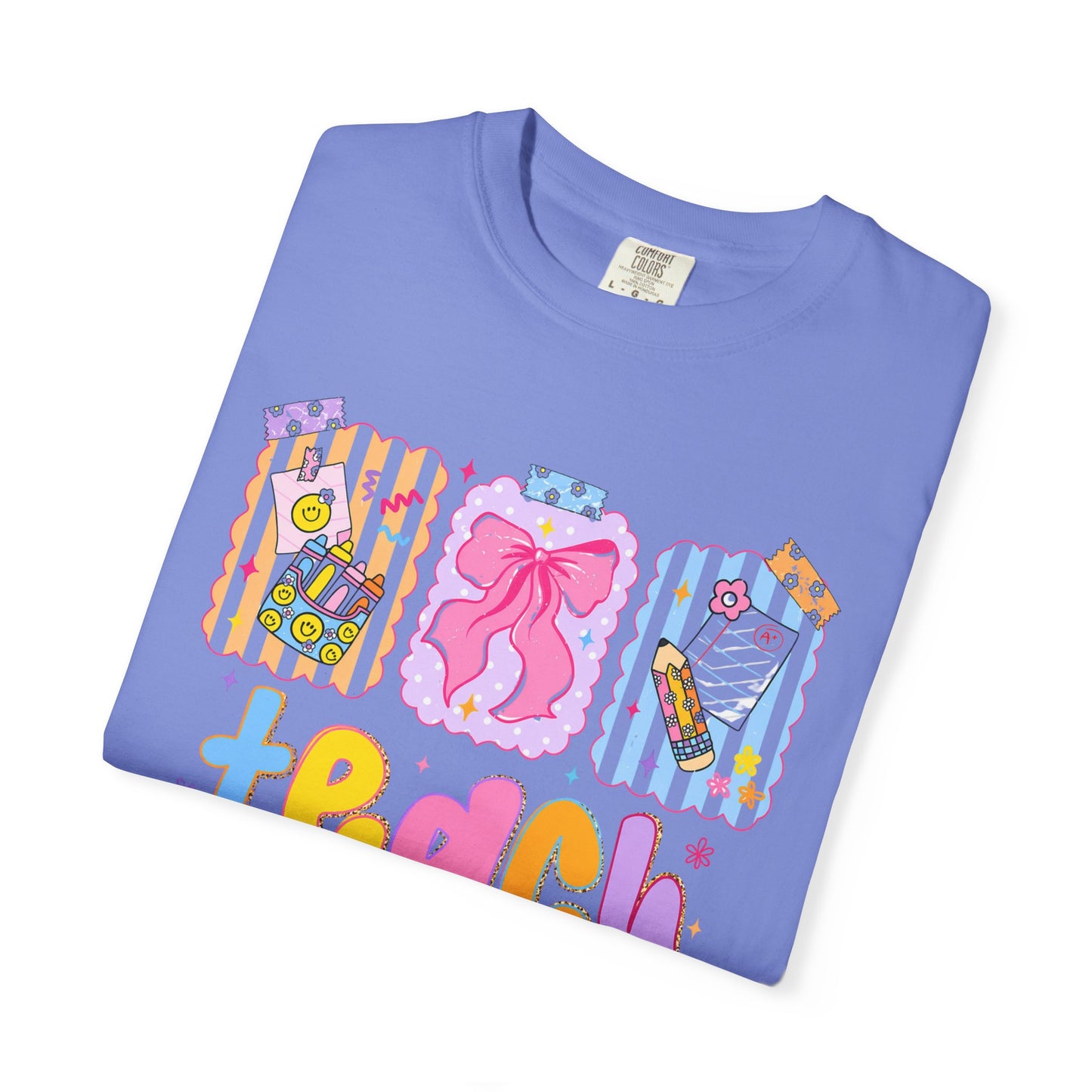 Teacher Gift T‑Shirt — Colorful 'Teach' Classroom Apple & Supplies Design