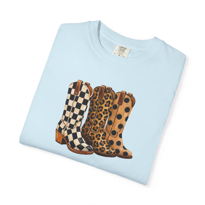 Cowgirl Boots Graphic T-Shirt — Checker & Leopard Print Western Tee