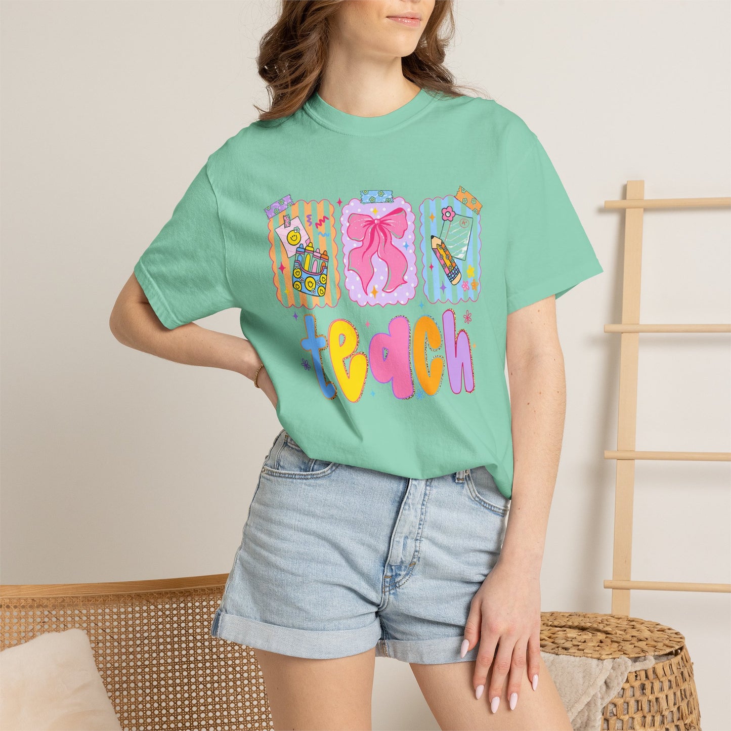 Teacher Gift T‑Shirt — Colorful 'Teach' Classroom Apple & Supplies Design