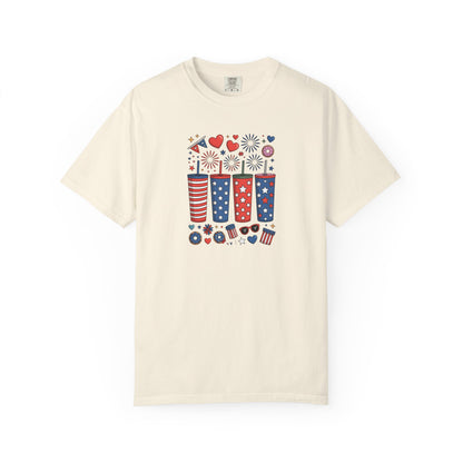 Patriotic Fireworks Cups T-Shirt — USA 4th of July Graphic Tee