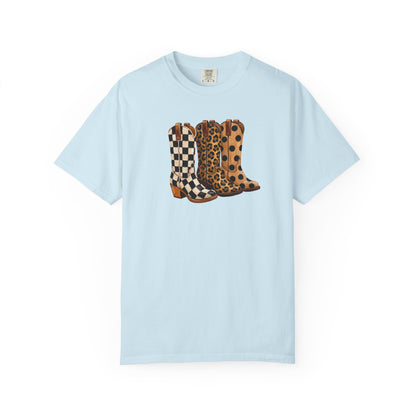 Cowgirl Boots Graphic T-Shirt — Checker & Leopard Print Western Tee