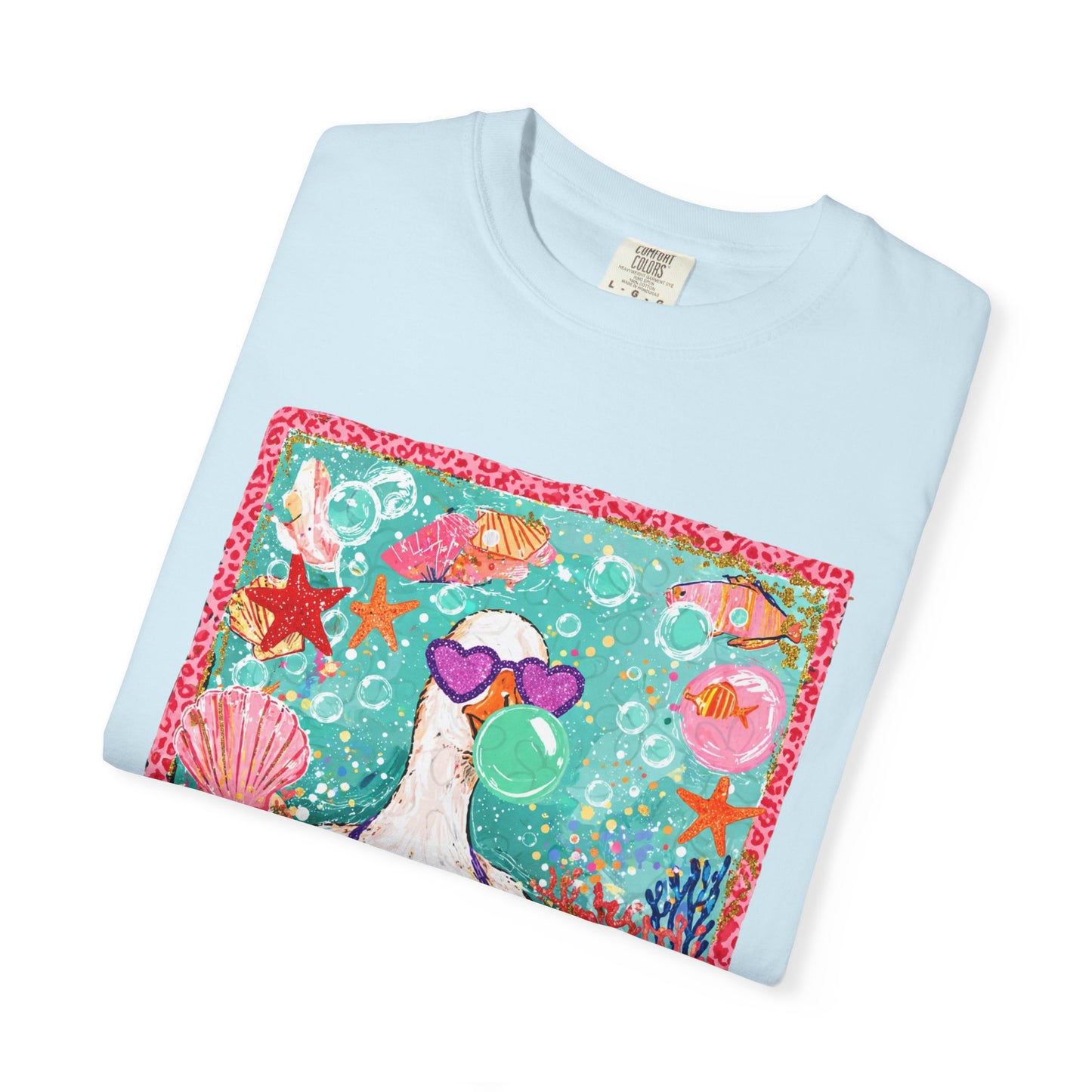 Sea Duck Mermaid T-Shirt — Whimsical Beach Graphic Tee with Sunglasses & Shell Bra