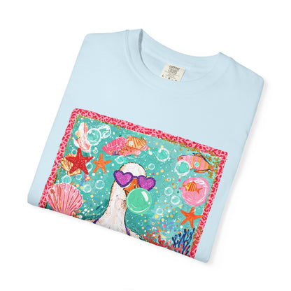 Sea Duck Mermaid T-Shirt — Whimsical Beach Graphic Tee with Sunglasses & Shell Bra