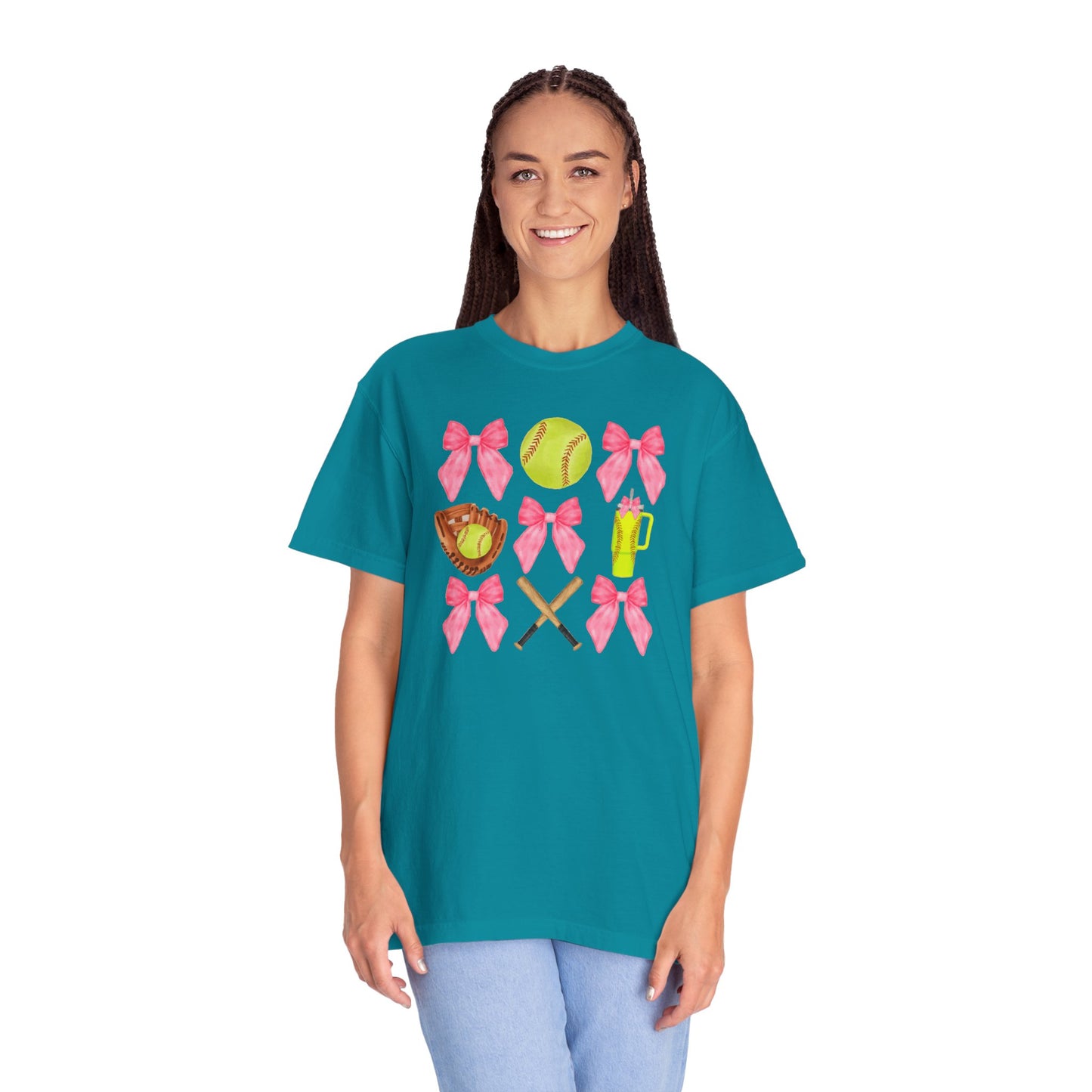 Softball Mom Graphic T‑Shirt — Pink Bows, Glove & Bat Design