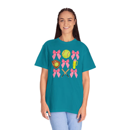 Softball Mom Graphic T‑Shirt — Pink Bows, Glove & Bat Design