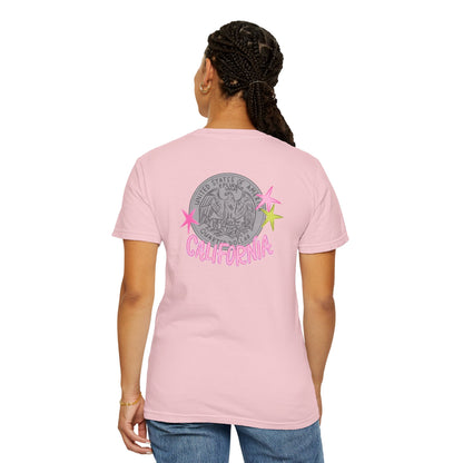 California Coin Graphic Tee — 'California' Retro Neon Stars T-Shirt