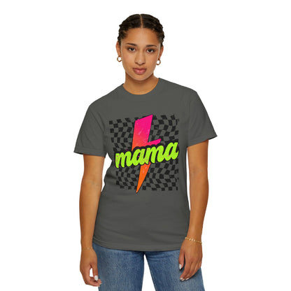 Mama Lightning Bolt T-Shirt — Retro Neon Checkered Graphic Tee for Moms