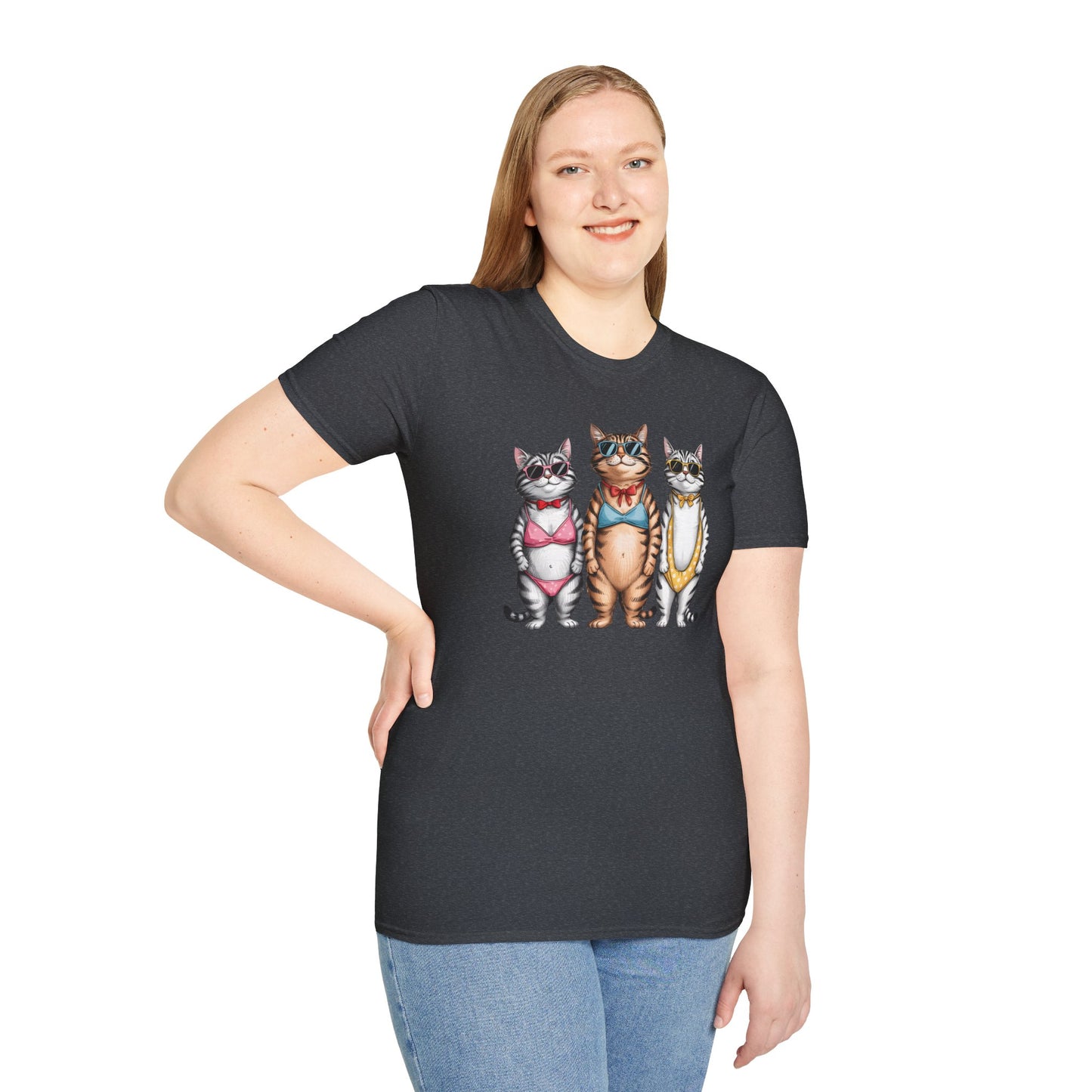 Funny Cats in Bathing Suits T-Shirt — Retro Trio Cat Beach Tee