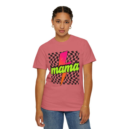 Mama Lightning Bolt T-Shirt — Retro Neon Checkered Graphic Tee for Moms