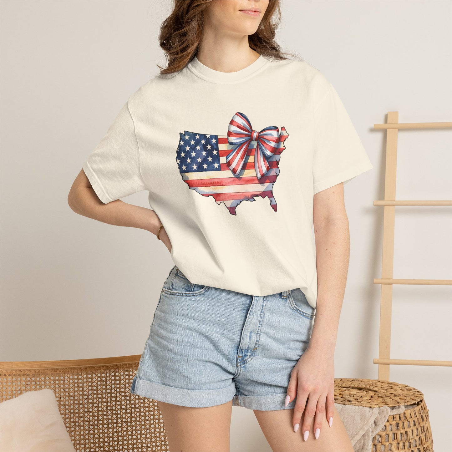USA Flag Map T‑Shirt with Patriotic Bow — Fourth of July American Pride Tee