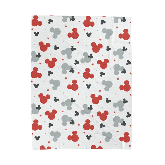 Mickey Pattern Velveteen Plush Blanket – Red & Gray Disney Mouse Silhouette Throw