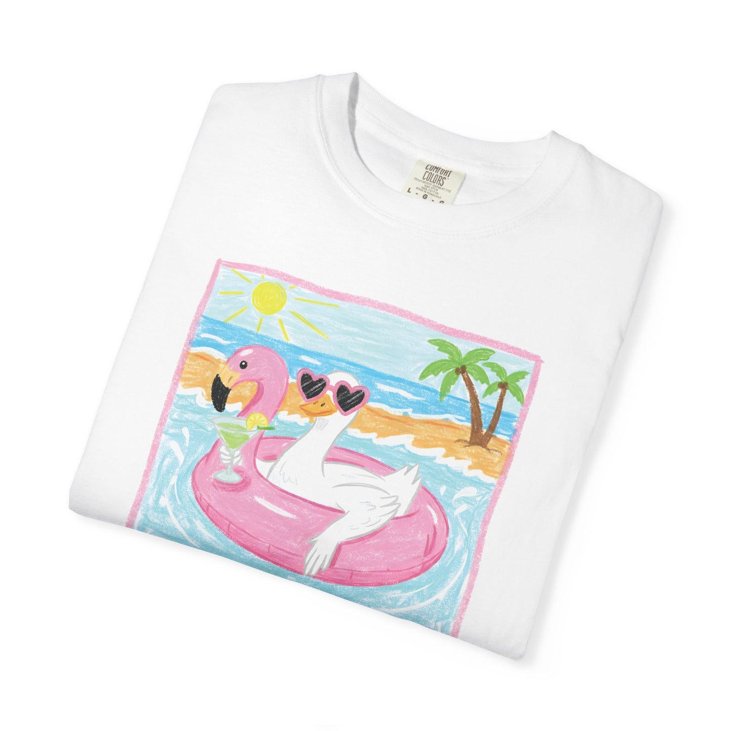 Summer Flamingo Pool Float T-Shirt – ‘Good Vibes & Sunshine’ Beach Tee