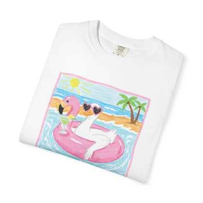 Summer Flamingo Pool Float T-Shirt – ‘Good Vibes & Sunshine’ Beach Tee