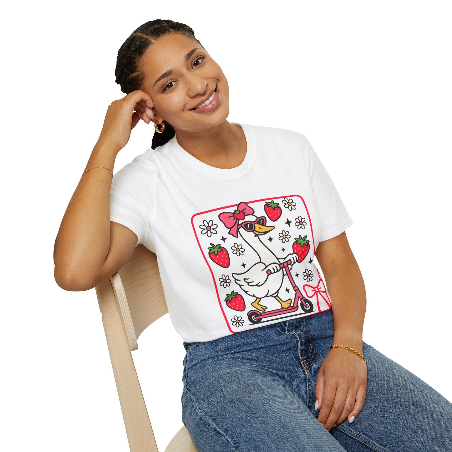 Cute Goose on Scooter T‑Shirt — Strawberry & Bow Graphic Tee