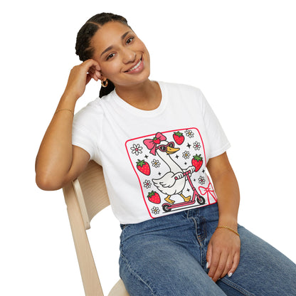 Cute Goose on Scooter T‑Shirt — Strawberry & Bow Graphic Tee