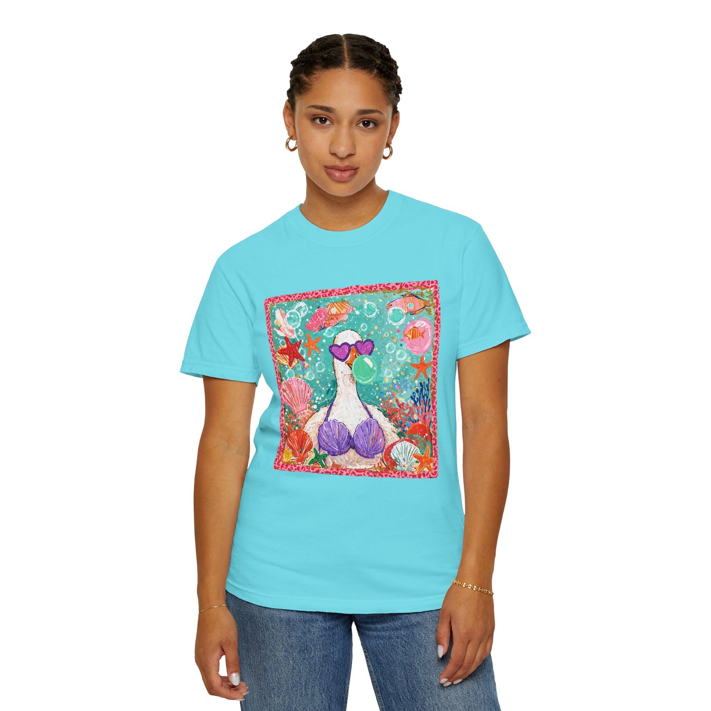 Sea Duck Mermaid T-Shirt — Whimsical Beach Graphic Tee with Sunglasses & Shell Bra