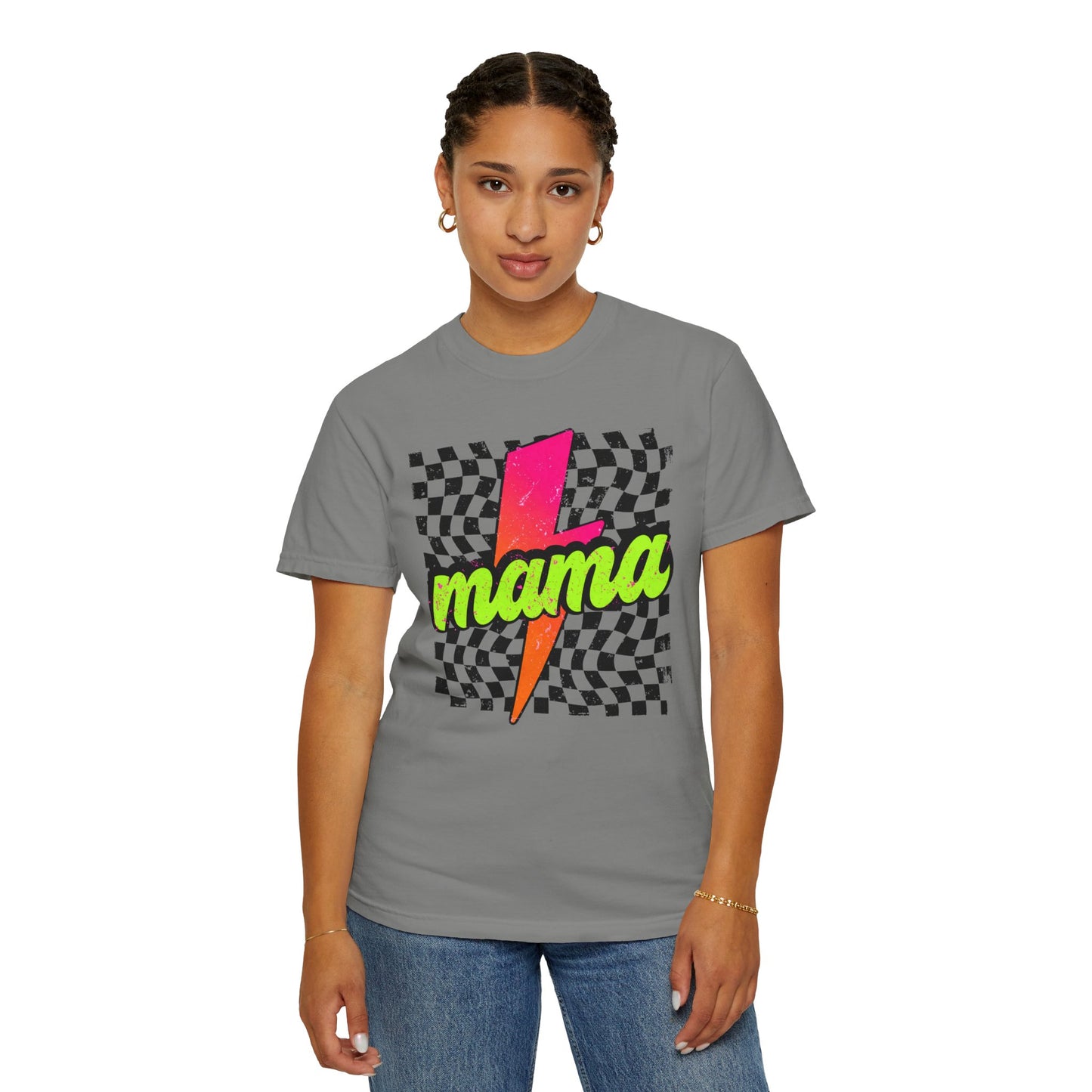 Mama Lightning Bolt T-Shirt — Retro Neon Checkered Graphic Tee for Moms