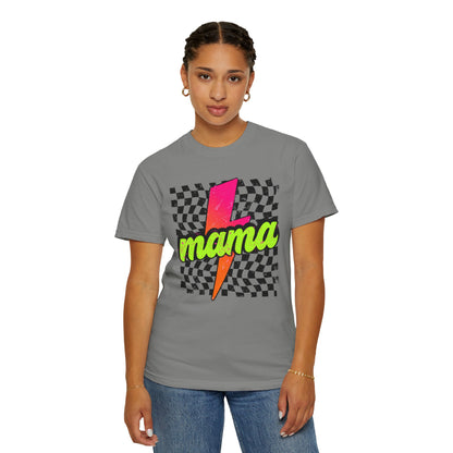 Mama Lightning Bolt T-Shirt — Retro Neon Checkered Graphic Tee for Moms