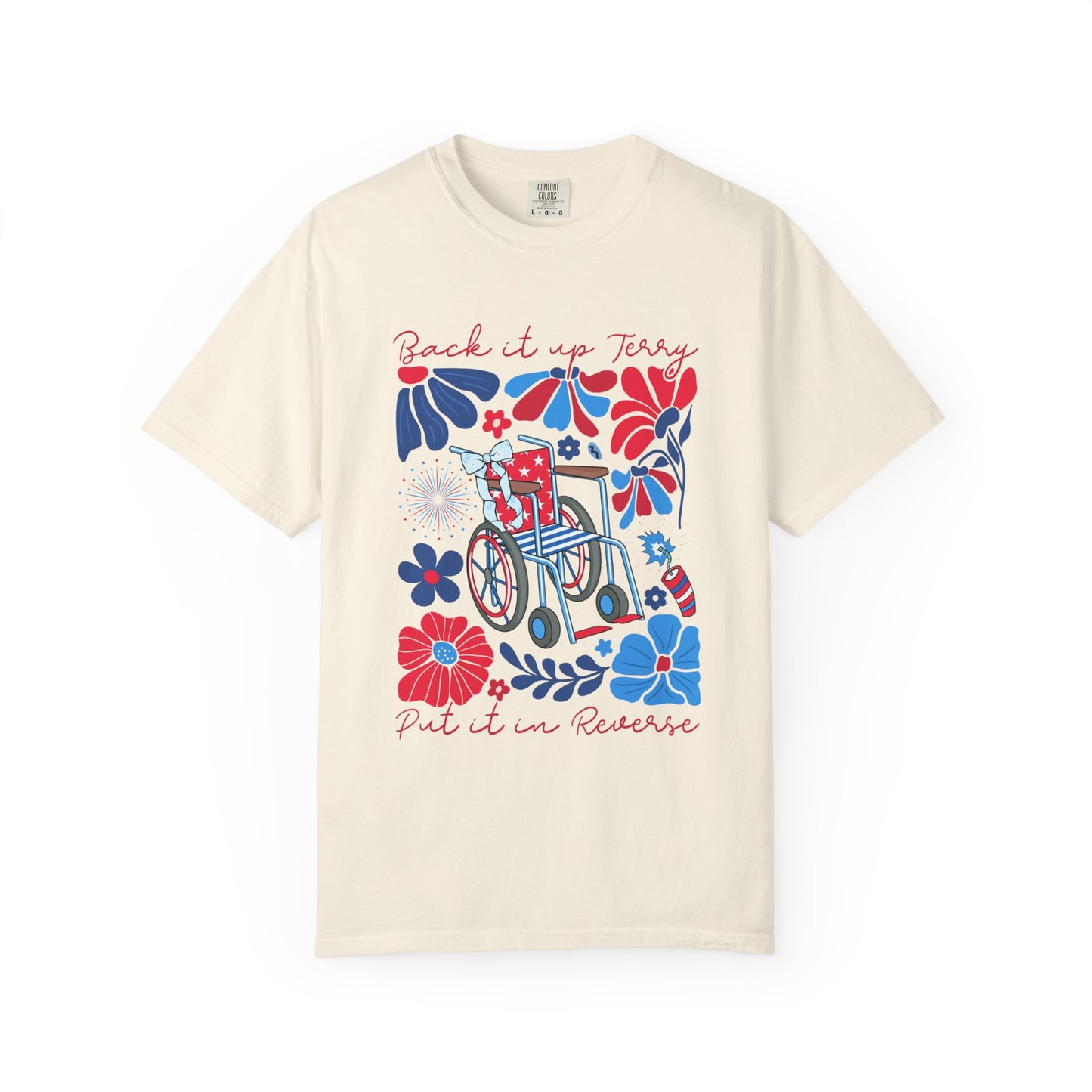 Fourth of July Beach Wheelchair T-Shirt — Patriotic Floral "Pack it up, Jerry" Tee