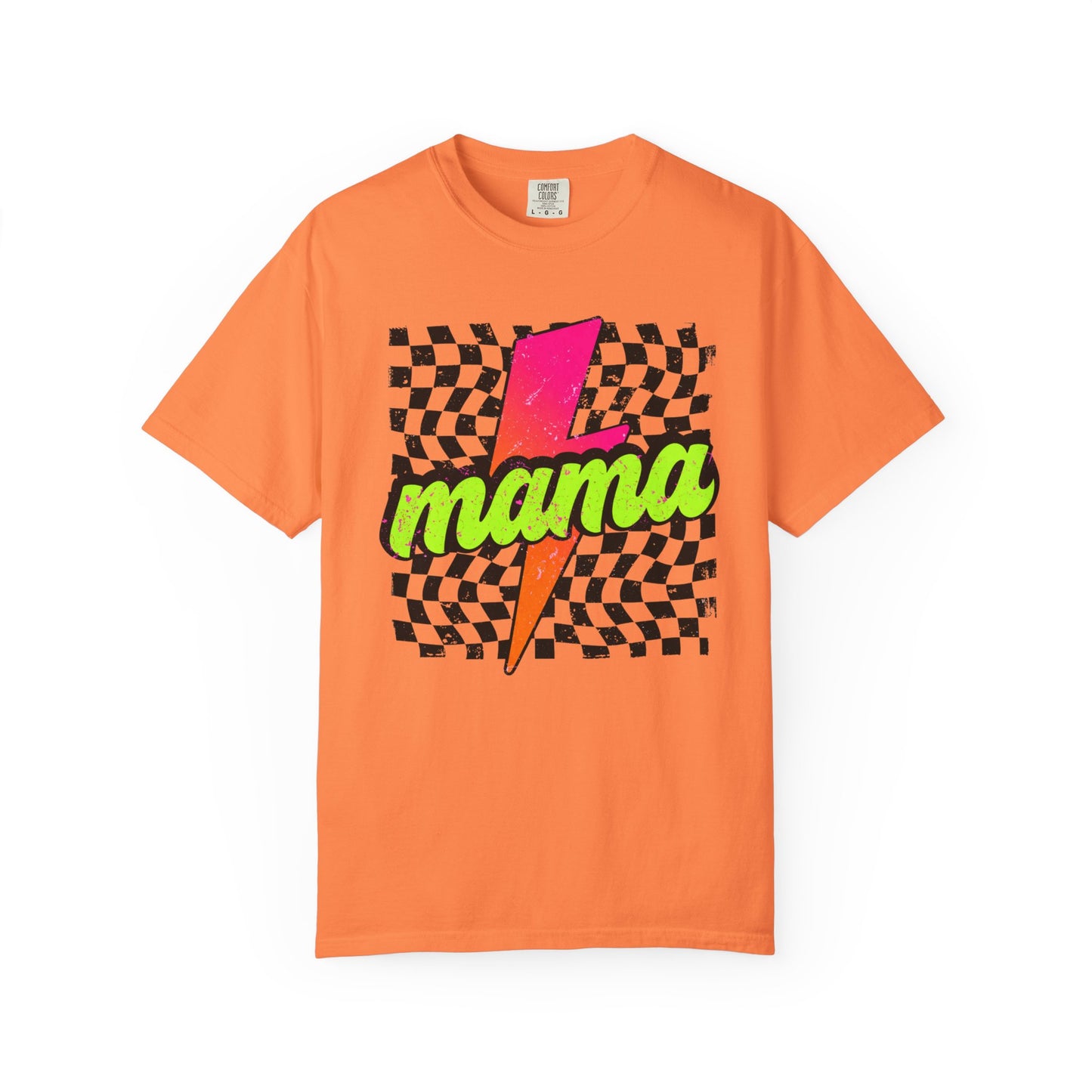 Mama Lightning Bolt T-Shirt — Retro Neon Checkered Graphic Tee for Moms