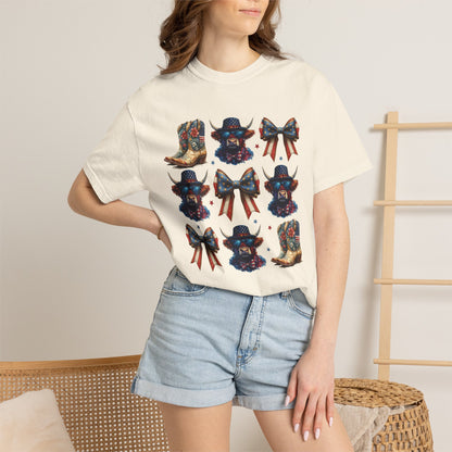 Patriotic Cowboy Icons T-Shirt — Western Boots, Hats & Bows Graphic Tee
