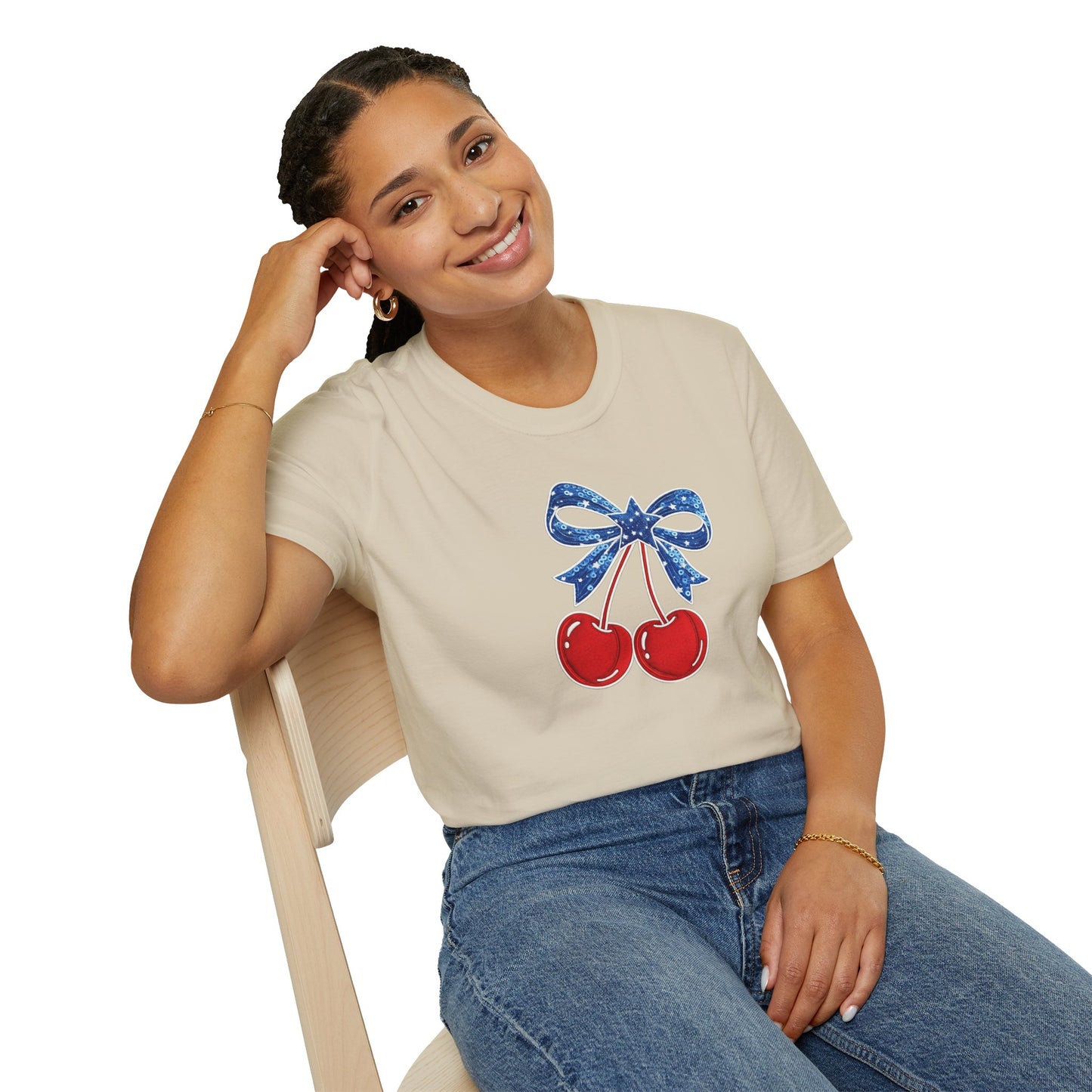 Cherry Graphic T-Shirt — Vintage Red Cherries with Blue Bow